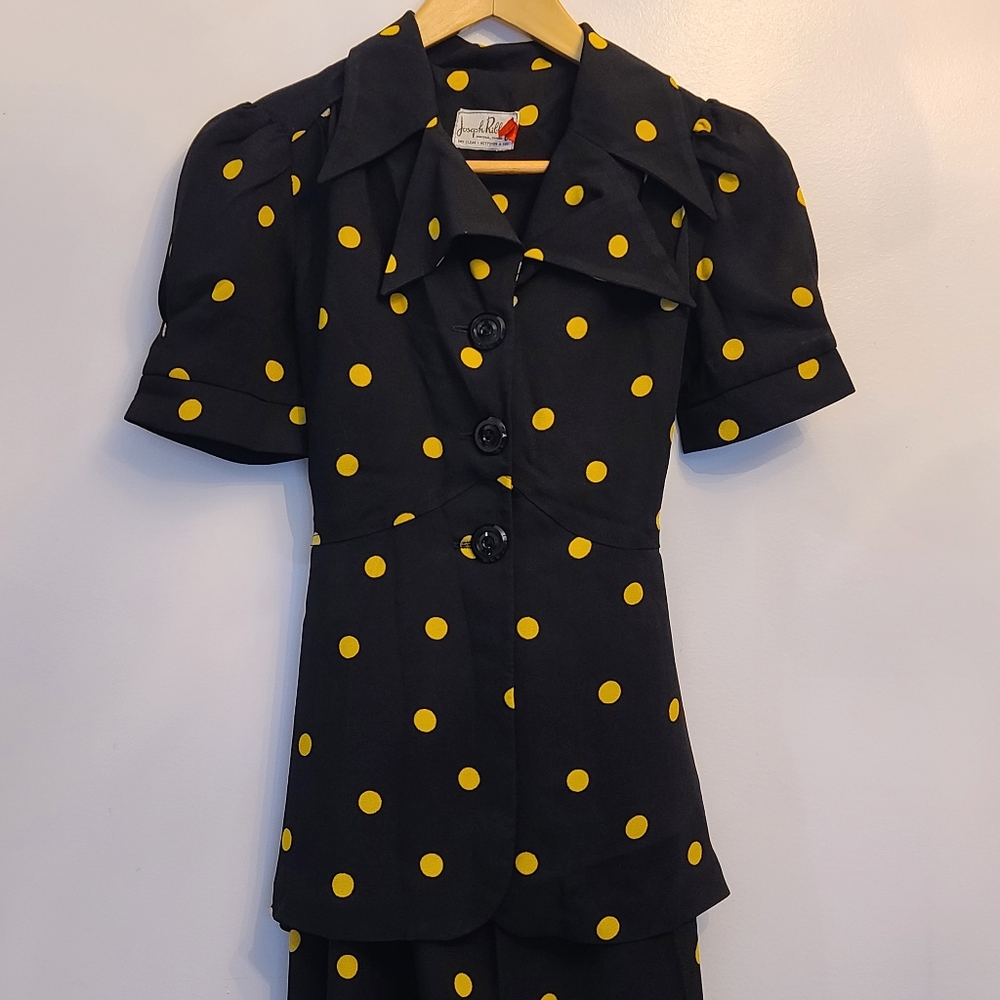 Vintage 70s Polka Dot Black/ Yellow Pantsuit WOW